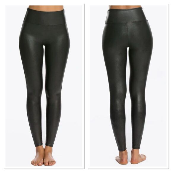 Spanx Black Faux Leather Leggings Power Waistband Coated Athleisure Size M‎ - Picture 2 of 11